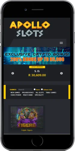 Apollo Slots South Africa mobile casino lobby on a phone screen